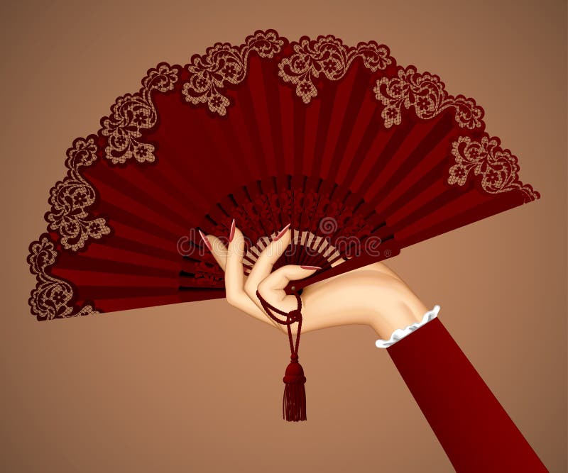 Żeńska ręka z otwartym rocznika fan w brown kolorach royalty ilustracja