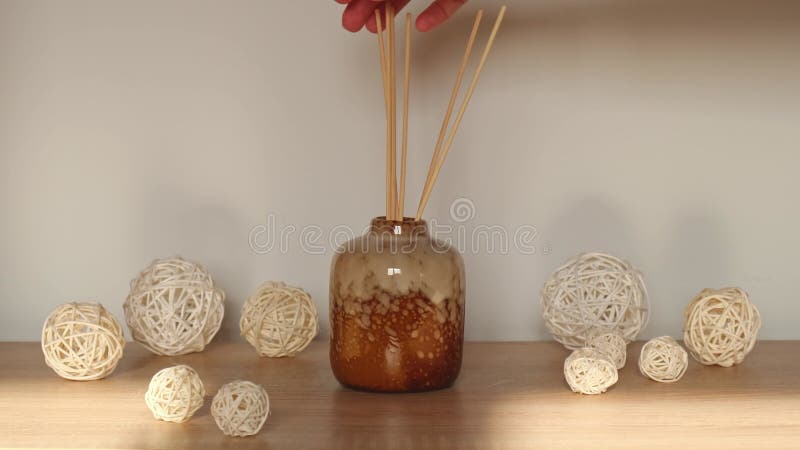 Fügt Man Sticks in Eine Flasche Luftkühler Weibliche Hände Fügen Sticks Zu  Heim Duft Diffusor. Gemütlich Stock Footage - Video von flasche, luft:  255767034