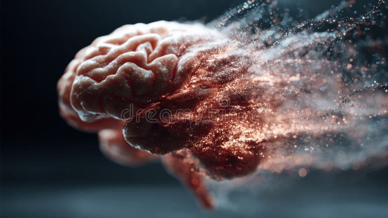 大脑在视觉变换场景中分解成数字粒子，使用70毫米镜头以F2. 8光圈捕捉 图库摄影