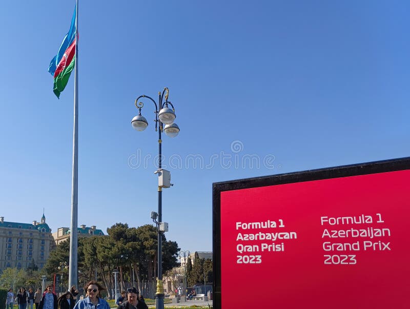 Sign Formula 1 Baku 2023. Spectators go for tickets to F1 and Azerbaijani flag. Grand Prix 28-30 April, Azerbaijan. Baku City Circuit. Sign Formula 1 Baku 2023. Spectators go for tickets to F1 and Azerbaijani flag. Grand Prix 28-30 April, Azerbaijan. Baku City Circuit