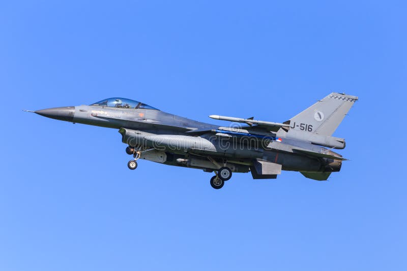 Dutch F-16 fighter jet, based in Leeuwarden, Friesland. These jets will be replaced by the F-35 Lightning II in the future. Dutch F-16 fighter jet, based in Leeuwarden, Friesland. These jets will be replaced by the F-35 Lightning II in the future