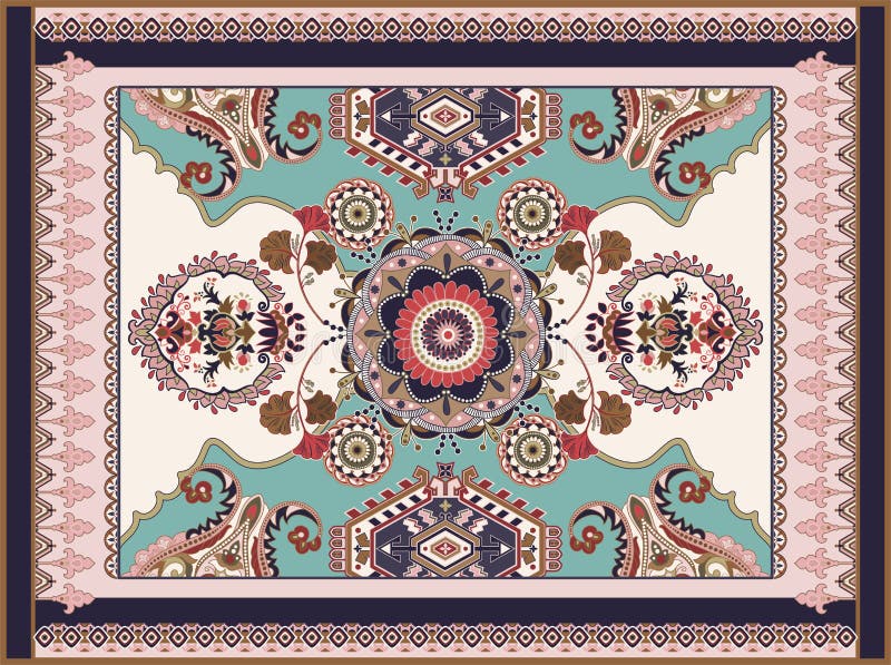 F? rgrik dekorativ vektordesign f? r filten, matta, tapis Persisk filt, textil Geometrisk blom- bakgrund _ royaltyfri illustrationer