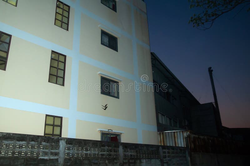 Fabbrica del passaggio di volo del pipistrello una vecchia e un vecchio edificio residenziale alla penombra fotografia stock Fabbrica del passaggio di volo del pipistrello una vecchia e un vecchio edificio residenziale alla penombra fotografia stock