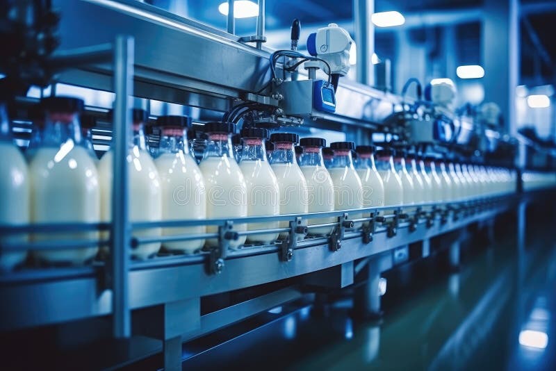 Fabbrica di latte. linea di fabbrica robotica per la trasformazione e l'imbottigliamento di latte royalty illustrazione gratis