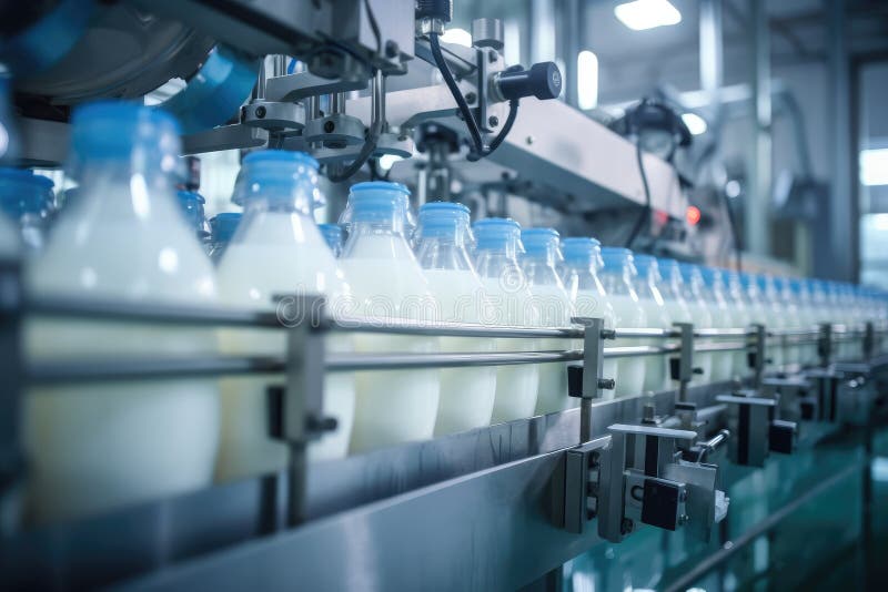 Fabbrica di latte. linea di fabbrica robotica per la trasformazione e l'imbottigliamento di latte illustrazione vettoriale