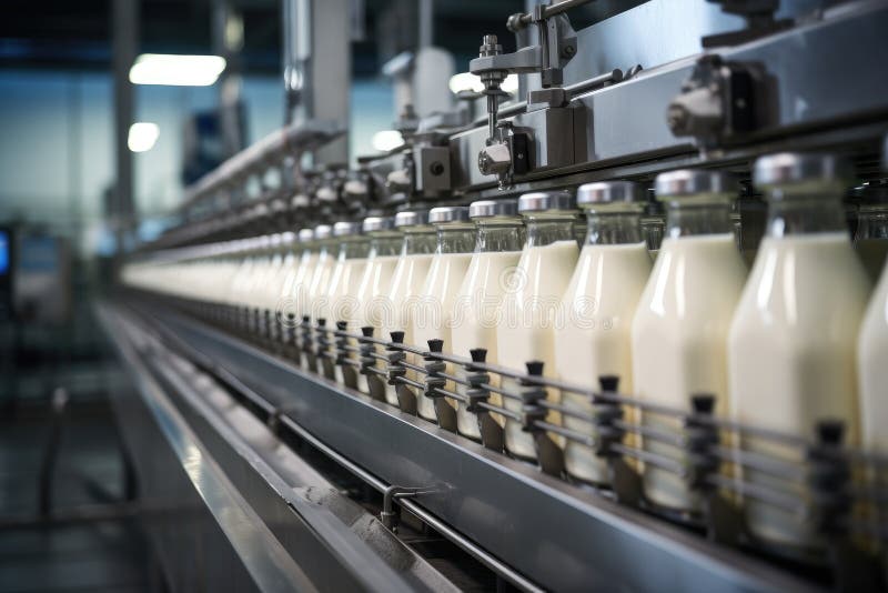 Fabbrica di latte. linea di fabbrica robotica per la trasformazione e l'imbottigliamento di latte illustrazione vettoriale