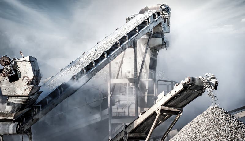 Cement production factory on mining quarry. Conveyor belt of heavy machinery loads stones and gravel. Cement production factory on mining quarry. Conveyor belt of heavy machinery loads stones and gravel