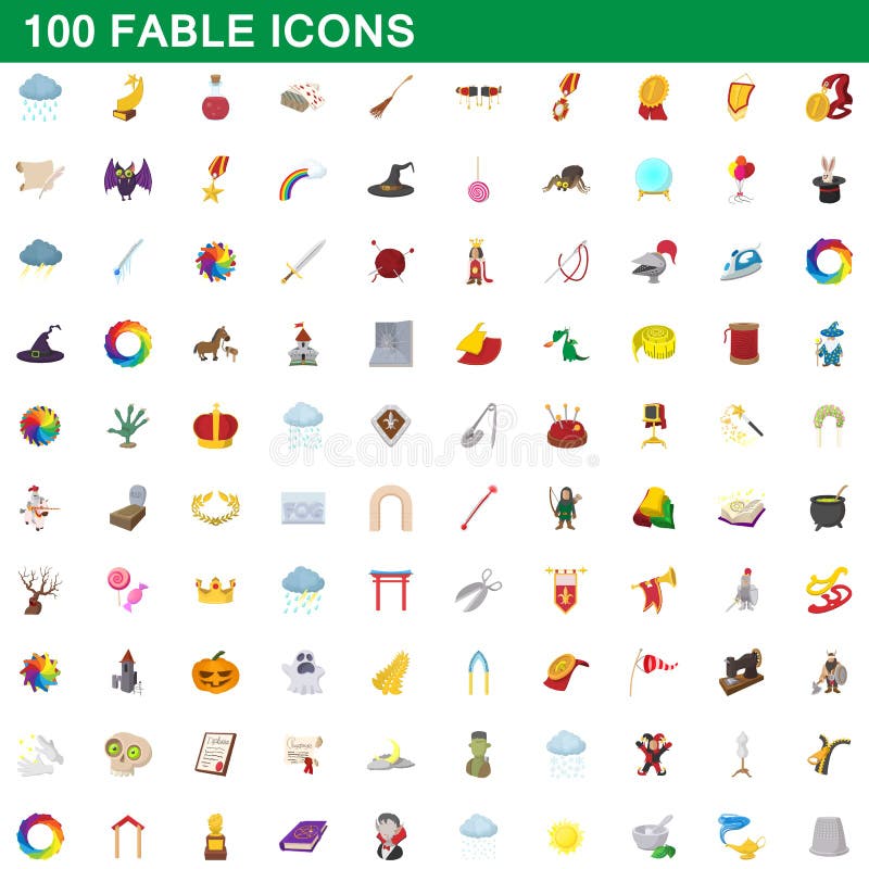 100 fable icons set, cartoon style stock illustration 100 fable icons set, cartoon style stock illustration