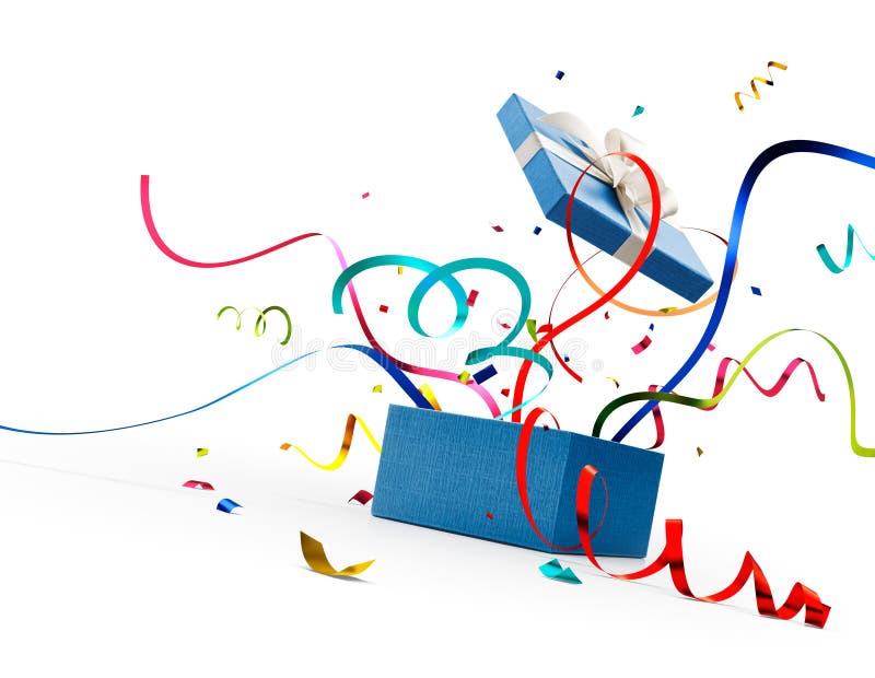 Faborek i confetti strzela out od błękitnego prezenta pudełka ilustracji Faborek i confetti strzela out od błękitnego prezenta pudełka ilustracji