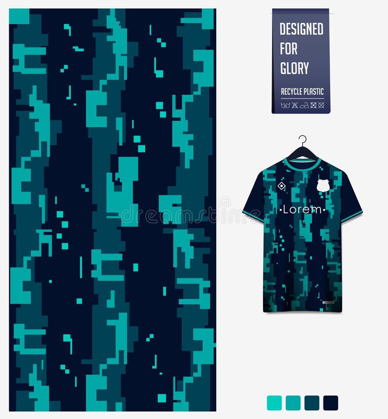 Soccer jersey pattern design. Pixel pattern on green background for soccer kit, football kit or sports uniform.