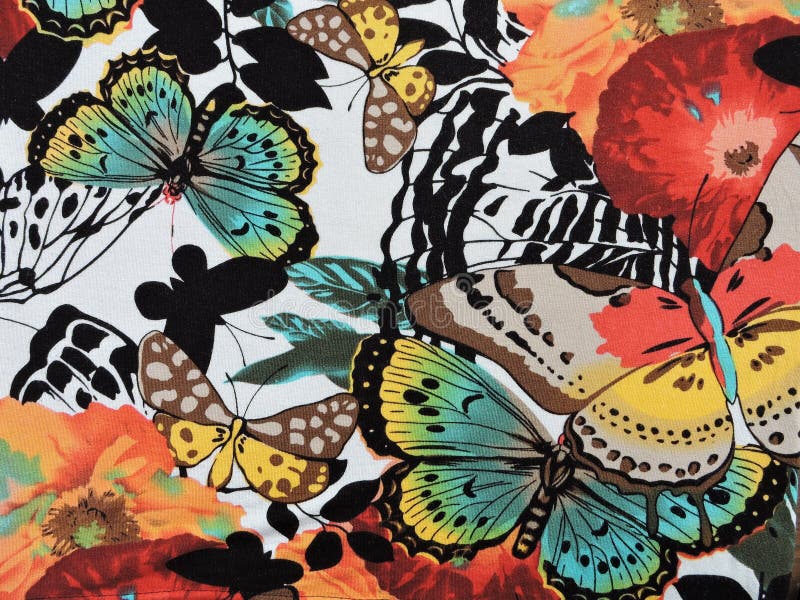 Fabric with Painted Butterflies Stock Photo - Image of butterflw, green ...