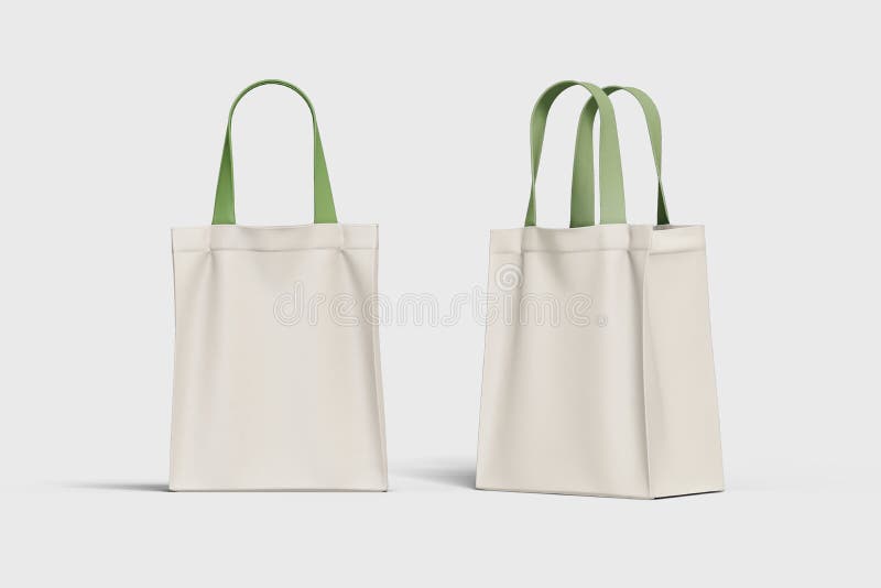 Fabric tote bag mockup on a grey background. Green and beige colors cloth canvas bag Mock up.