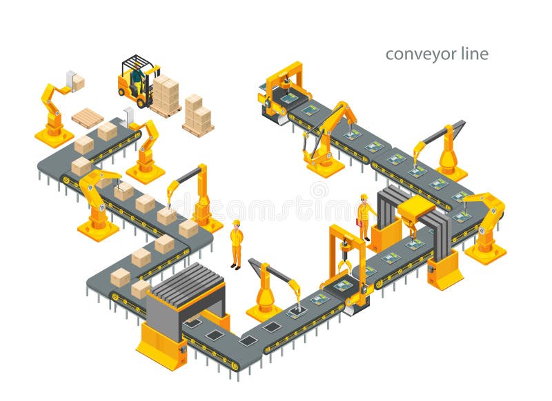 Fabrică automată cu linie transportoare și brațe robotice. proces de asamblare. vector vector illustration