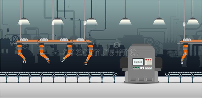 Fabrică de automatizare cu arme robotizate vector illustration