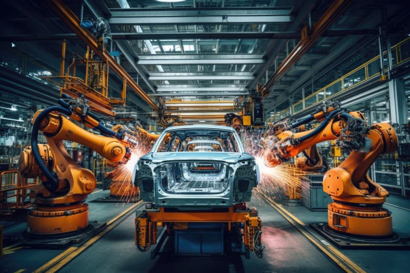 Fabrică de mașini cu brațe robotice la linia de asamblare. ai generativ stock illustration