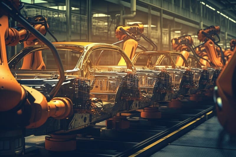 Fabrică de mașini cu brațe robotice la linia de asamblare. ai generativ royalty free illustration