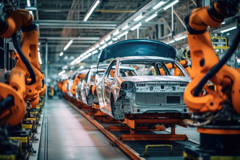 Fabrică de mașini cu brațe robotice la linia de asamblare. ai generativ stock illustration