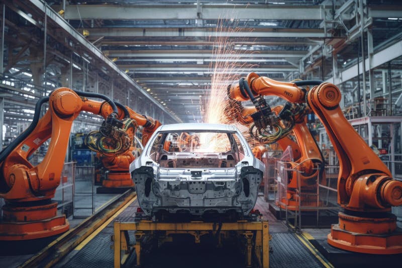 Fabrică de mașini cu brațe robotice la linia de asamblare. ai generativ stock illustration