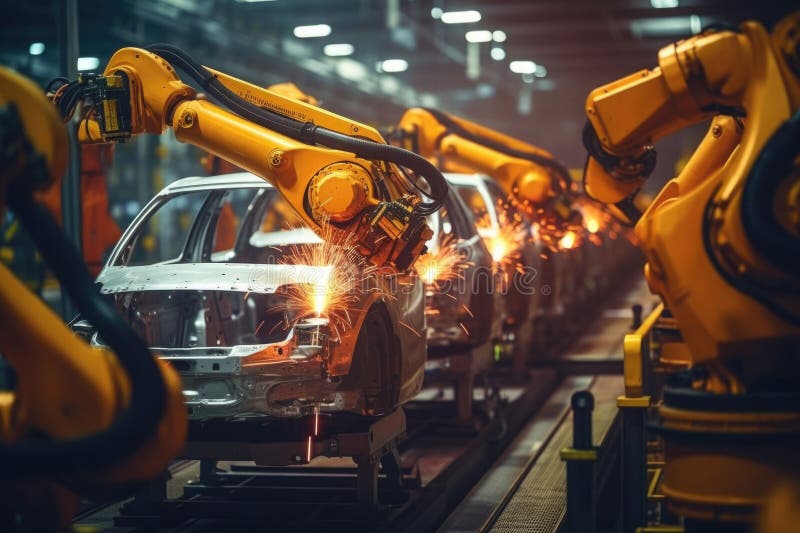 Fabrică de mașini cu brațe robotice la linia de asamblare. ai generativ stock illustration