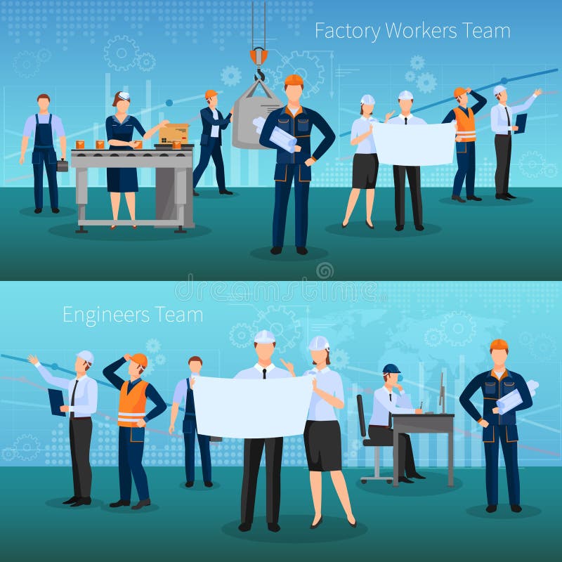 Fabrieksarbeiders Team Banners Set vector illustratie Fabrieksarbeiders Team Banners Set vector illustratie