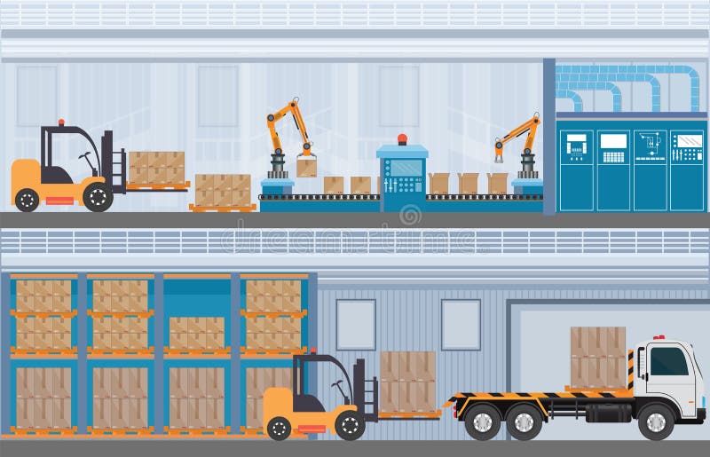 Fabriks- lagertransportör, modern enhetsproduktion Lin royaltyfri illustrationer Fabriks- lagertransportör, modern enhetsproduktion Lin royaltyfri illustrationer