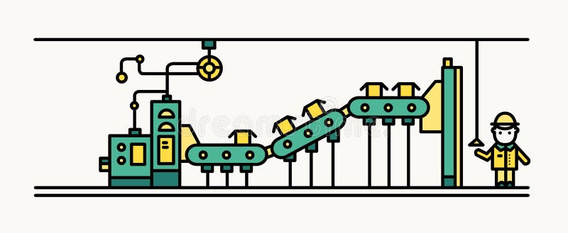 Fabriksbältetransportör som framför askar, arbetare som bär den hårda hatten och skyddskläder som kontrollerar produktionsprocess stock illustrationer Fabriksbältetransportör som framför askar, arbetare som bär den hårda hatten och skyddskläder som kontrollerar produktionsprocess stock illustrationer