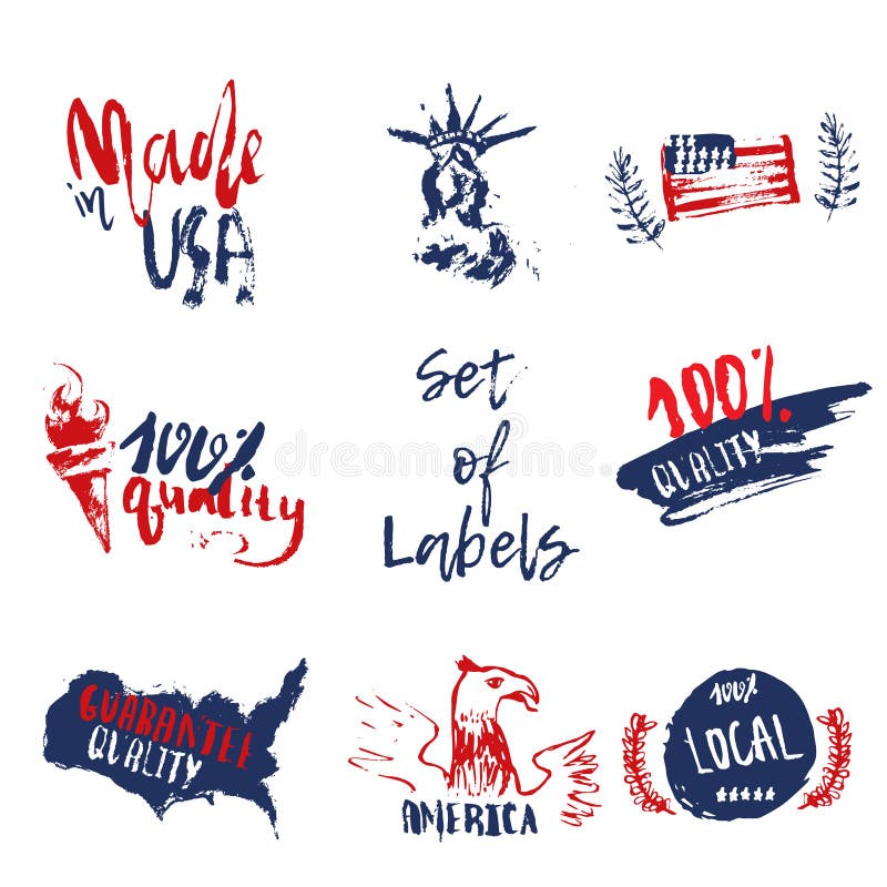 Fabriqué aux Etats-Unis placez des labels tirés par la main grunges avec le drapeau américain, statue de la liberté illustration stock Fabriqué aux Etats-Unis placez des labels tirés par la main grunges avec le drapeau américain, statue de la liberté illustration stock
