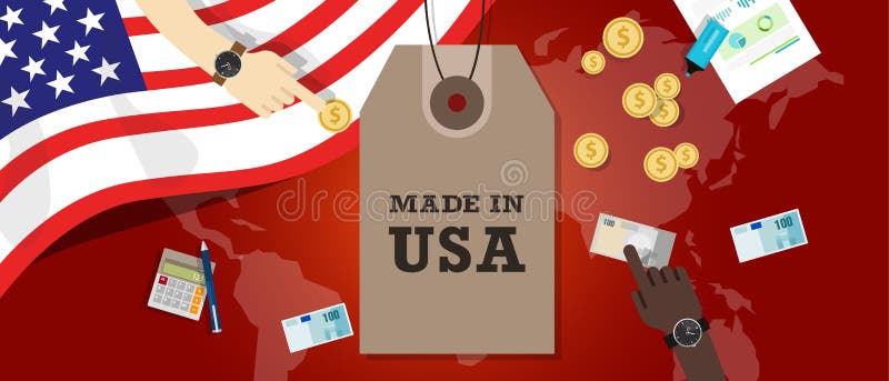 Fabriqué aux Etats-Unis symbolisez écrit sur une étiquette de label avec le drapeau patriotique illustration stock Fabriqué aux Etats-Unis symbolisez écrit sur une étiquette de label avec le drapeau patriotique illustration stock