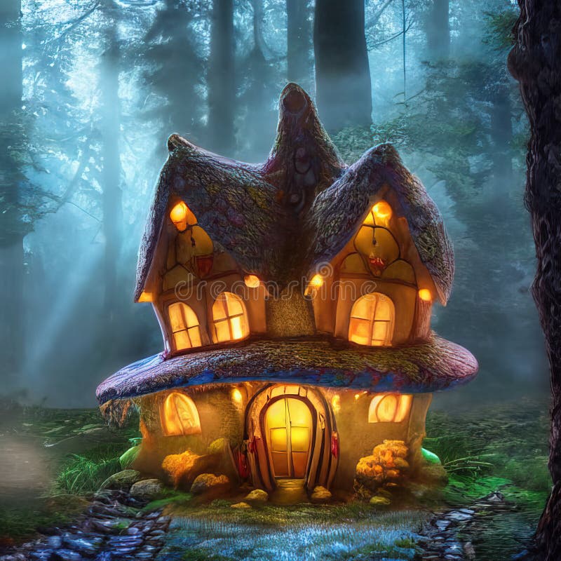 Fabuleux petit chalet en forêt magique illustration stock