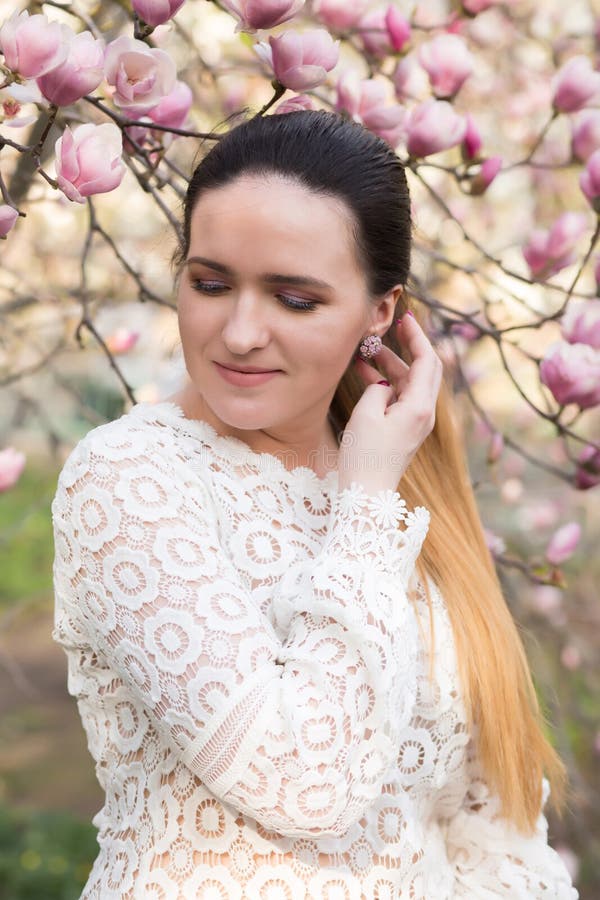 Fabulous Brunette Lady With Nude Makeup Wearing Lace Blouse Po Stock