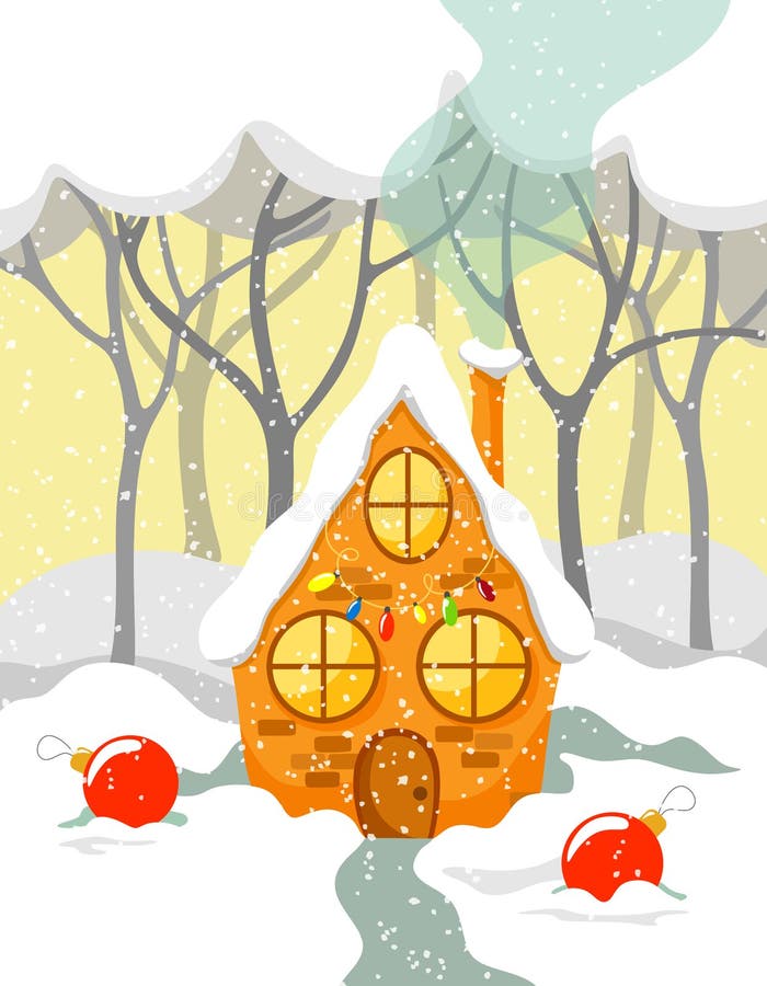 Fabulous decorated house in the forest with Christmas balls on the snow royalty free illustration Fabulous decorated house in the forest with Christmas balls on the snow royalty free illustration