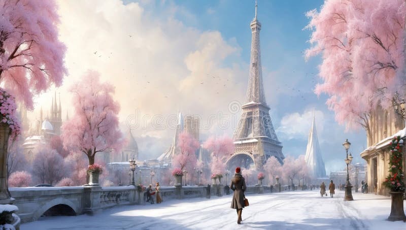 Fabulous winter in Paris, snowy street.