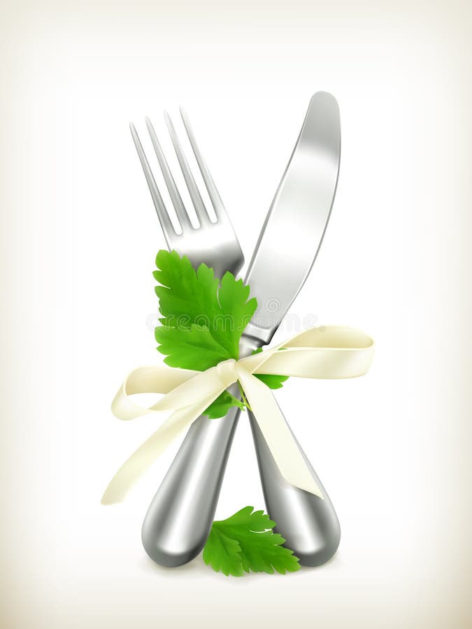 Table knife and fork with parsley, icon. Table knife and fork with parsley, icon