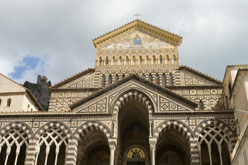 Facade of Saint Andrews cathedral or Cattedrale di S.Andrea in Amalfi covered with Byzantine mosaics, Amalfi, Sorrentine Peninsula of Italy. Facade of Saint Andrews cathedral or Cattedrale di S.Andrea in Amalfi covered with Byzantine mosaics, Amalfi, Sorrentine Peninsula of Italy