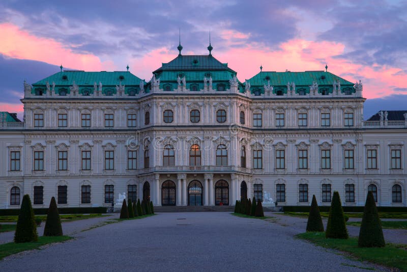 Facade of the Belvedere Palace against the backdrop, sunset. Vienna, Austria stock image