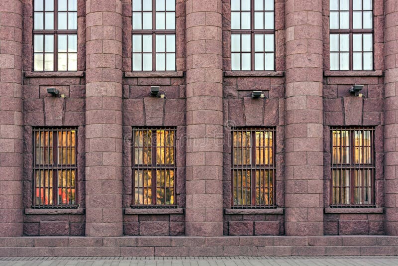 Facade made of red granite.