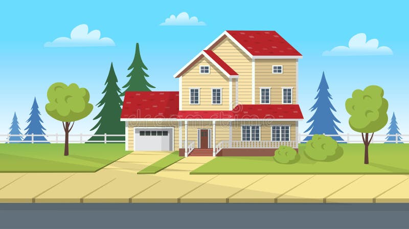 Facade Building, Suburban House with Garage and Green Lawn. Vector Cartoon  Illustration for Games or Animation Stock Vector - Illustration of cartoon,  game: 226301061