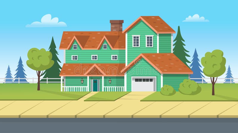 Facade Building, Suburban House with Garage and Green Lawn. Vector Cartoon  Illustration for Games or Animation Stock Vector - Illustration of housing,  buildings: 226301071