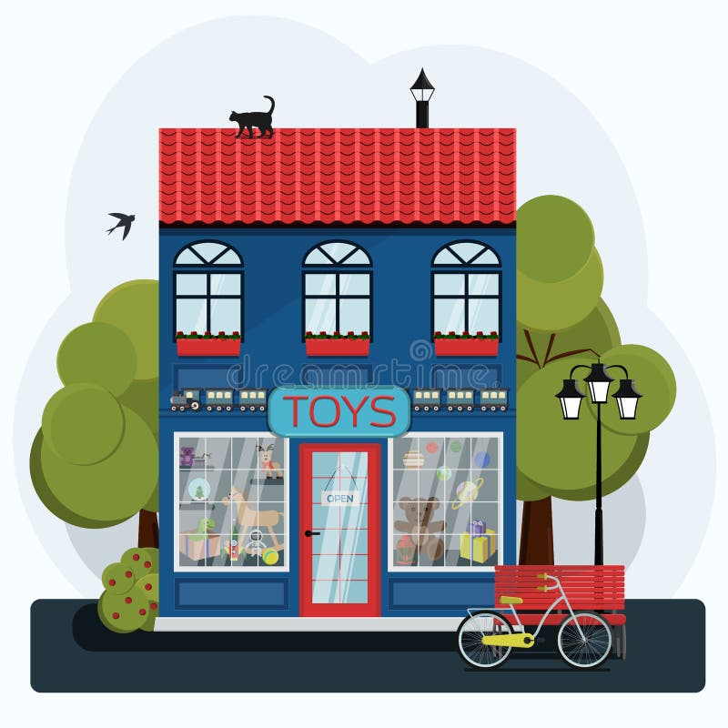 The facade of a cute English toy store. A two-story building with huge storefronts of children s toys. Vector vector illustration The facade of a cute English toy store. A two-story building with huge storefronts of children s toys. Vector vector illustration