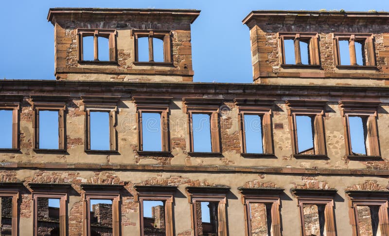 Facade with empty windows in front of blue skye - Ruins of Heidelberg castle, Germany