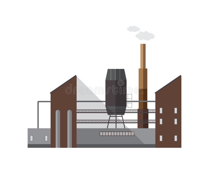Facade of factory building or boiler house with pipe emitting vapor or gas isolated on white background. Exterior of royalty free illustration Facade of factory building or boiler house with pipe emitting vapor or gas isolated on white background. Exterior of royalty free illustration