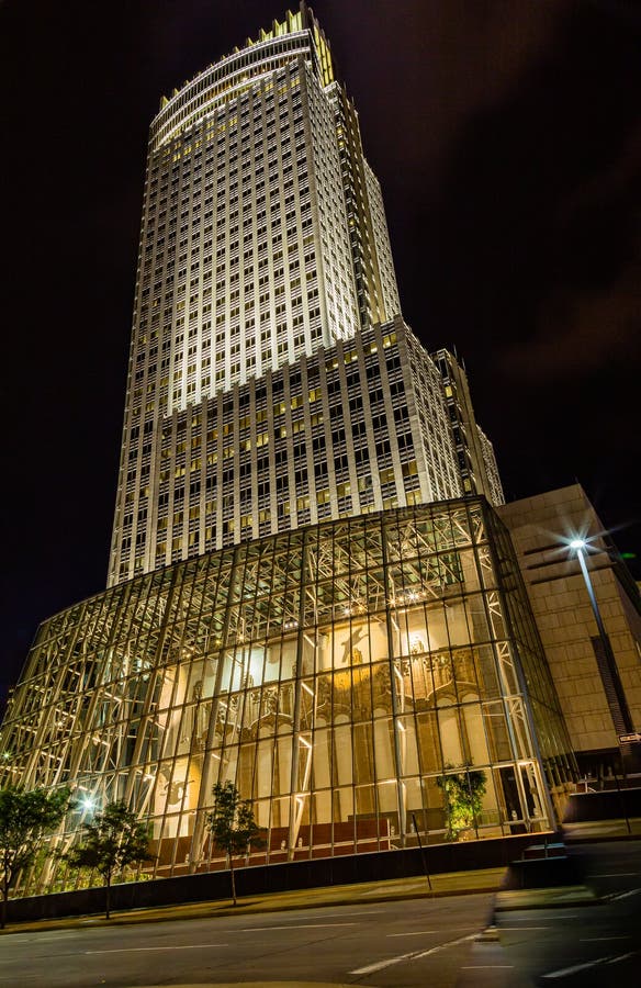 Facade Of First National Bank Of Omaha Headquarters At Night Stock