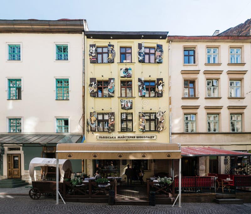 Facade of Lviv Handmade Chocolate Factory in historic city centre. Old Town of Lviv and tourist attraction.