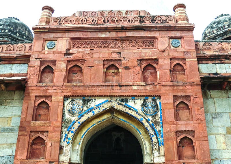 The facade of the main entrance to the ancient mosque of Isa Khan near to the Humayun Tomb in New Delhi, India