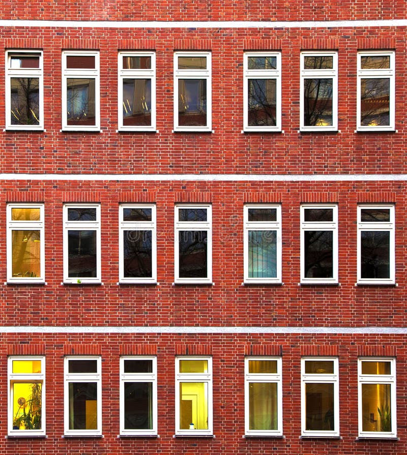 Facade of office building by night