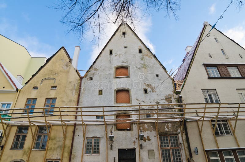 Facade of old buildings requiring restoration