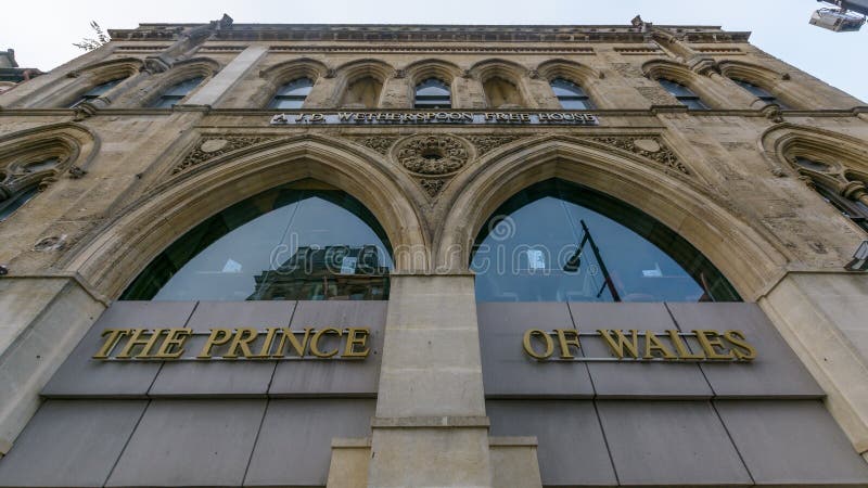 Facade of The Prince of Wales low angle. Cardiff, Wales - Aug 27, 2018: Facade of The Prince of Wales low angle, J.D. Wetherspoon Free House royalty free stock image Facade of The Prince of Wales low angle. Cardiff, Wales - Aug 27, 2018: Facade of The Prince of Wales low angle, J.D. Wetherspoon Free House royalty free stock image