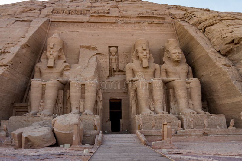 Facade of the rock cut temple of Ramses II at Abu Simbel, Egypt