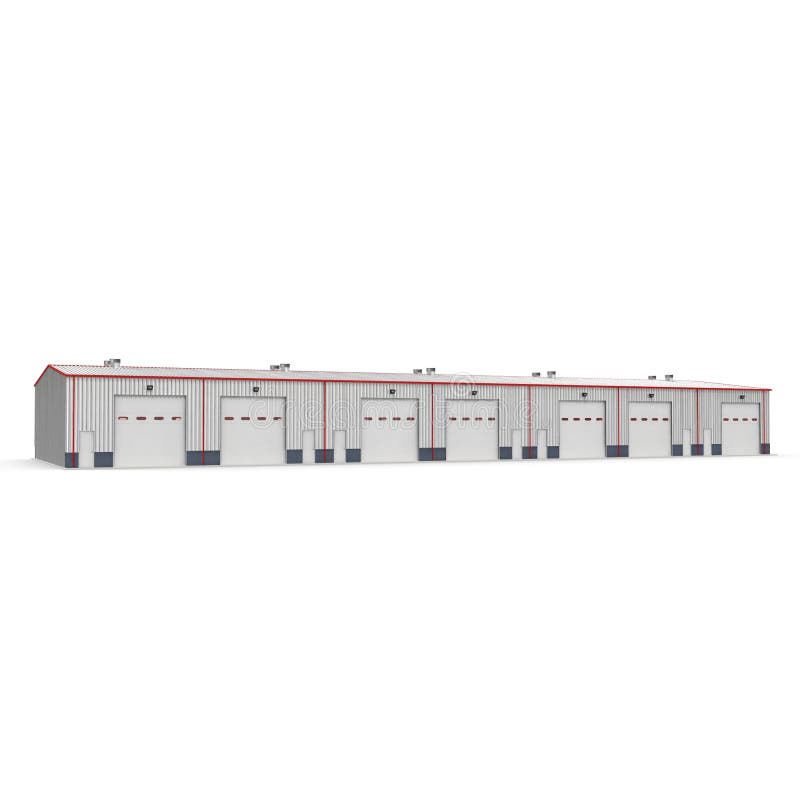 Facade of storage warehouse with closed gate isolated on white. 3D illustration royalty free illustration Facade of storage warehouse with closed gate isolated on white. 3D illustration royalty free illustration