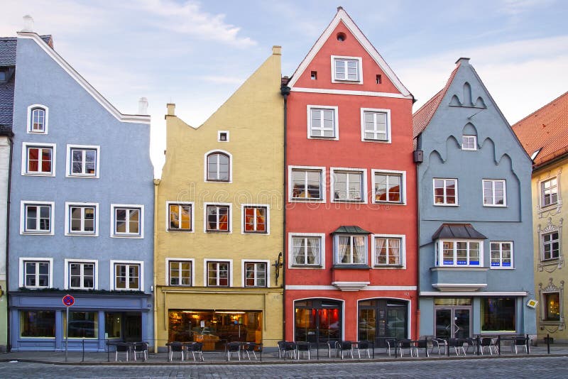 Facades of houses in Landsberg am Lech. stock image